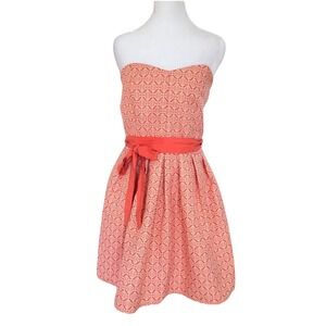 Jun & Ivy Dress Womens L Strapless Textured Peach Damask Fit Flare Pleated Mini